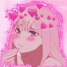 a girl with pink hearts on her head and a pink background