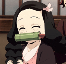 a cartoon girl with a bamboo tube in her mouth