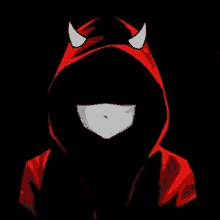 a person wearing a red devil hoodie with horns on a black background .