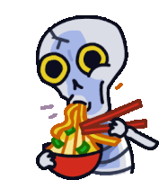 a cartoon drawing of a skeleton eating ramen with chopsticks