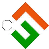 a green and orange triangle with a black circle in the middle