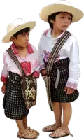 a boy wearing a straw hat stands next to a girl wearing a white shirt and black skirt