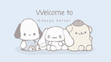 a group of cartoon characters are sitting next to each other with the words welcome to jaxys server above them .