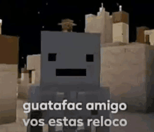 a minecraft character with a sad face is standing in front of a building .