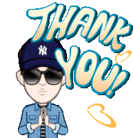 a cartoon of a man wearing a ny hat and sunglasses says thank you