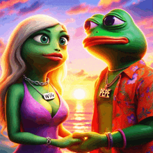 a couple of frogs holding hands with one wearing a necklace that says pepe