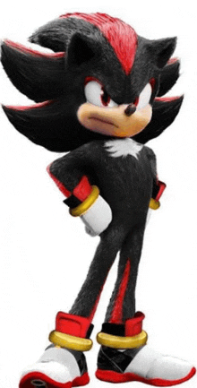 shadow the hedgehog from sonic the hedgehog movie is standing with his hands on his hips .