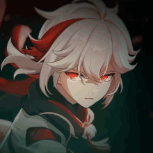 a close up of a character with red eyes and white hair