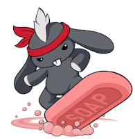 a cartoon rabbit is riding on top of a soap bar