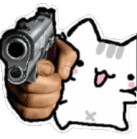 a person is pointing a gun at a cartoon cat .