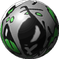 a gray and green sphere with a cartoon face on it