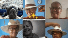 a woman wearing a hat and glasses is smiling in a collage of photos