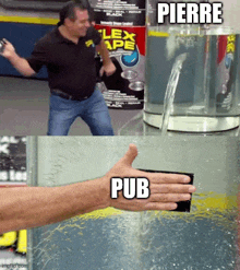 a picture of a man dancing next to a picture of a hand holding a piece of flex tape that says pub