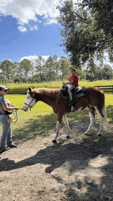 a boy is riding a brown and white horse