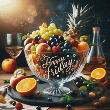 a glass bowl filled with fruit and the words happy friday