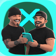 a cartoon of two men laughing and holding a cell phone with an x in the background