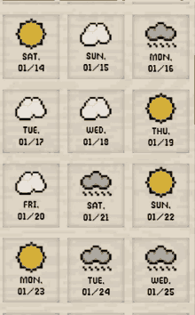 a calendar showing the weather for the week of january 14th to january 25th