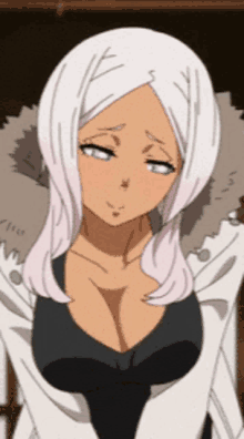 a girl with white hair and blue eyes is wearing a black top and a white jacket