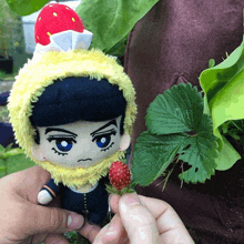 a person holding a stuffed doll with a strawberry on his head