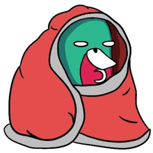 a cartoon penguin is wrapped in a red blanket and making a funny face .