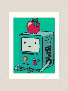 a cartoon drawing of bmo from adventure time with an apple on his head