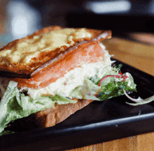 a close up of a sandwich with lettuce and tomato on a black plate