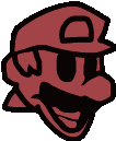 a red cartoon character with a hat and mustache is smiling and wearing sunglasses .