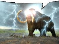 a mammoth with lightning behind it and a speech bubble above it