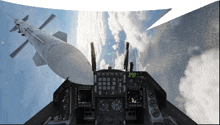 the cockpit of a fighter jet with a missile in the sky