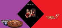 an advertisement for delta bet shows a roulette wheel and two women