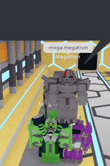 a video game character named mega megatron is standing next to a purple robot