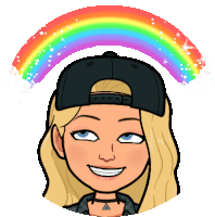 a cartoon of a girl wearing a black hat with a rainbow in the background