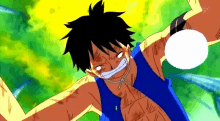 luffy from one piece is flying through the air with his arms outstretched and a speech bubble in his mouth .