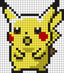 a pixel art of a pikachu with red eyes