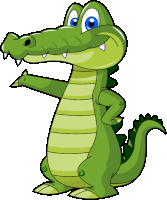 a cartoon crocodile with blue eyes is waving its hand