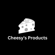 a black and white logo for cheesy 's products with a slice of cheese