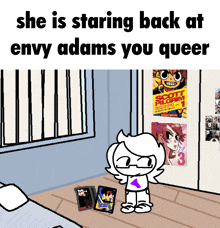 a cartoon of a girl standing in a room with posters on the wall including one that says scott pilgrim