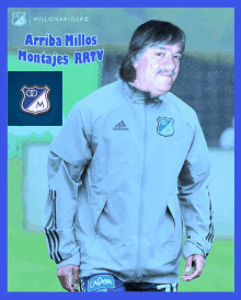 an ad for millonario fc shows a man wearing a blue adidas jacket