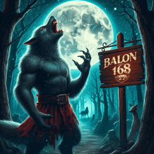 a werewolf is howling in front of a full moon and a sign that says balon 168