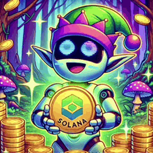 a robot holding a coin that says solana