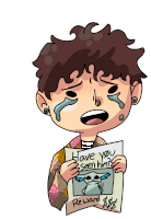 a cartoon of a boy crying while holding a poster that says have you seen him