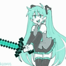 hatsune miku is holding a diamond sword in a drawing .