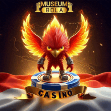 a poster for museum bola casino with a phoenix on top of a poker chip