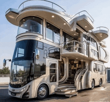 a double decker bus with stairs leading up to it is parked in a parking lot