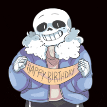 a cartoon drawing of a skeleton holding a happy birthday banner