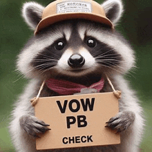 a raccoon wearing a hat and scarf is holding a sign that says vow pb check