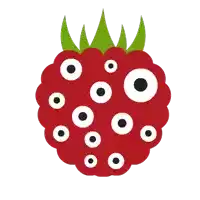 a red raspberry with white circles and black spots on it