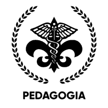 a black and white logo for pedagogia with a caduceus and a fleur de lis