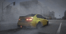 a yellow bmw is driving down a street