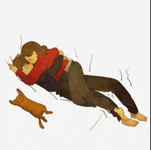 a drawing of a man and woman hugging with a cat